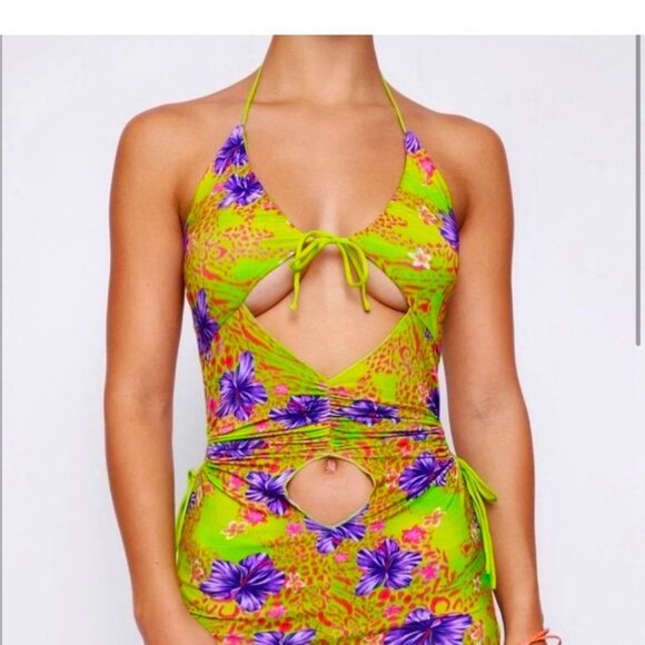 I. AM. GIA. Svana Hibiscus Print Cut Out Halter Mini Dress Bodycon Small NWT - Picture 1 of 10